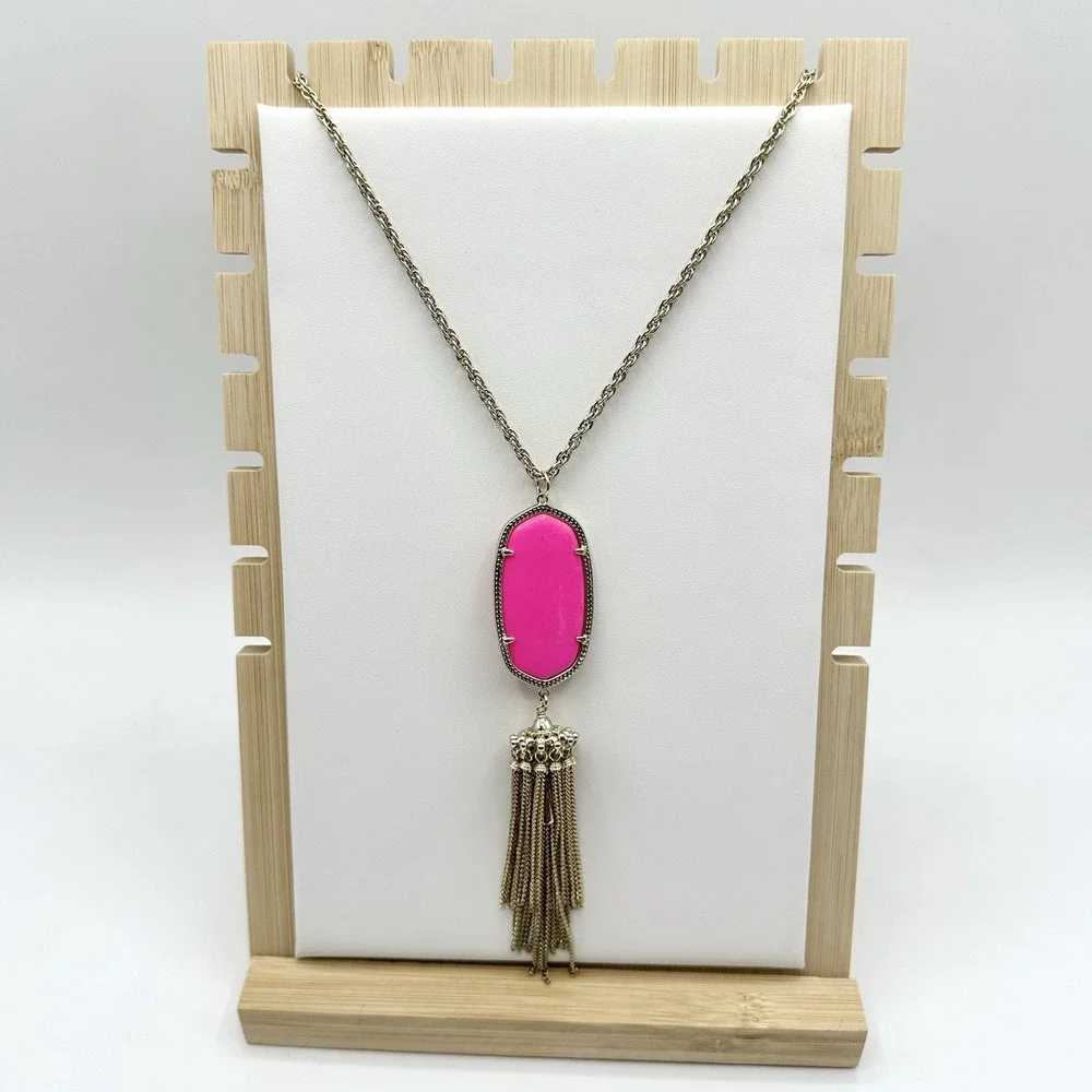 Kendra Scott Rayne Necklace Hot Pink Neon Tassel Pendant Long Goldtone Chain